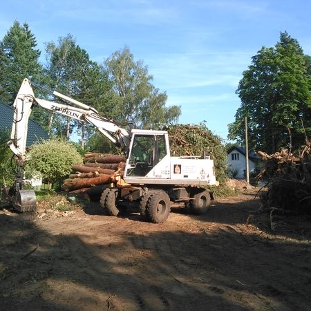 Ein weißer Bagger steht neben einem Stapel gefällter Bäume